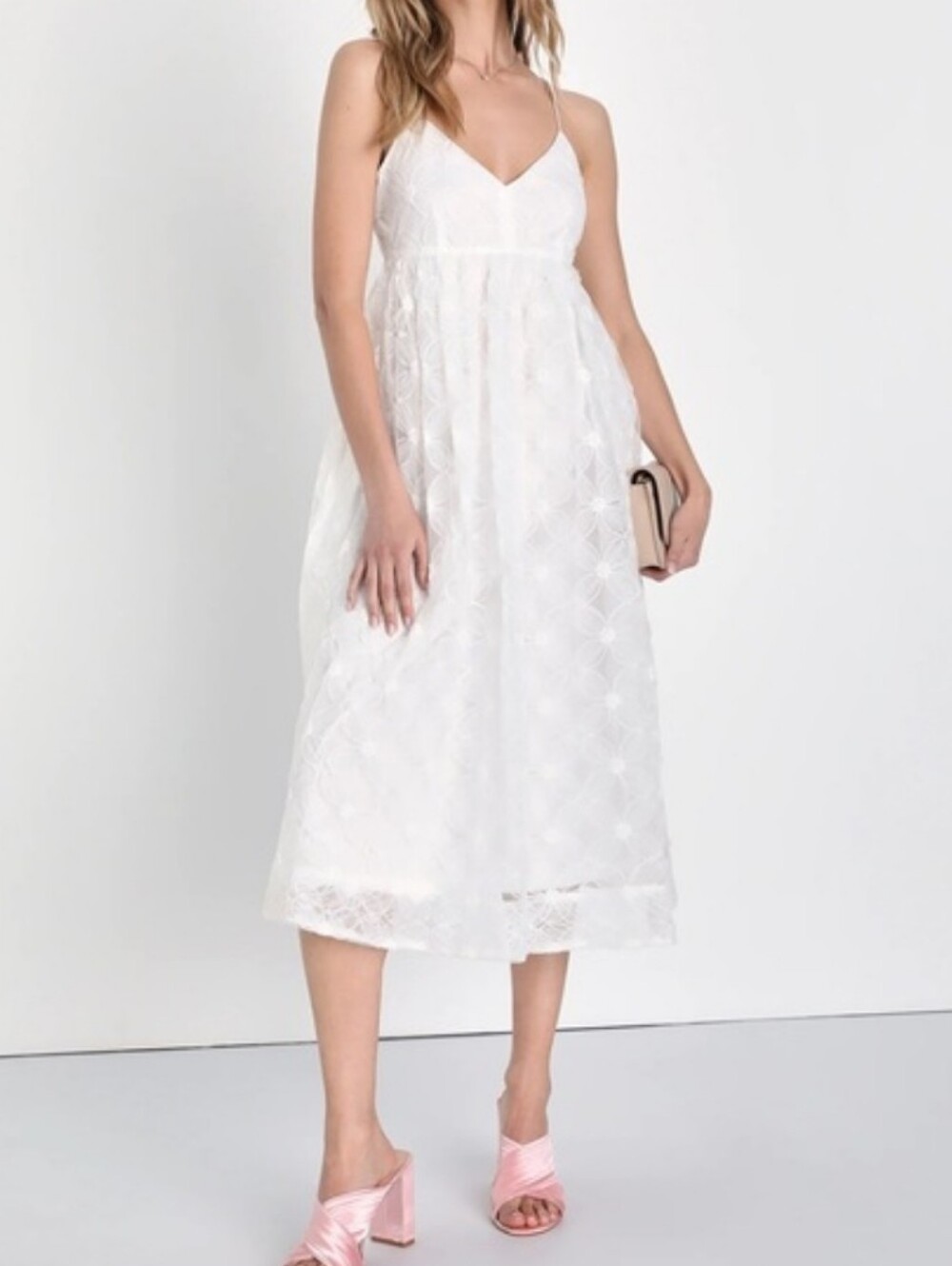 Lulu's White Lace Midi Dress with adjustable Straps and full skirt size XS NWTS